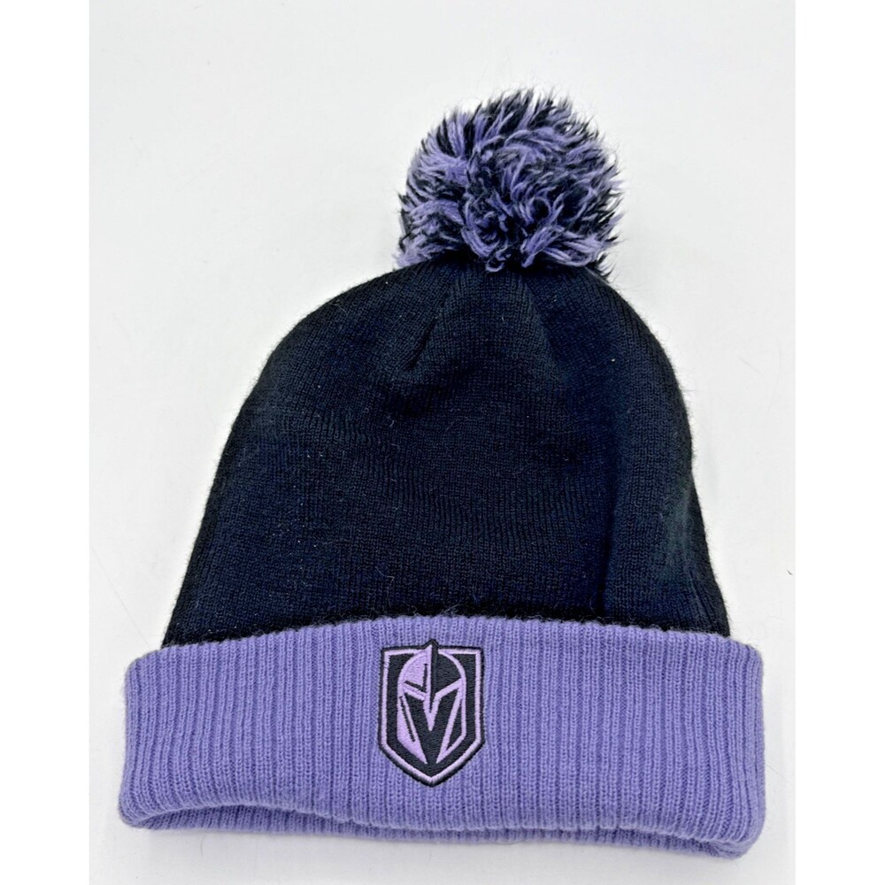 Vegas Golden Knights Hockey Fights Cancer Cuffed Knit Pom Beanie Hat Purple/Blac